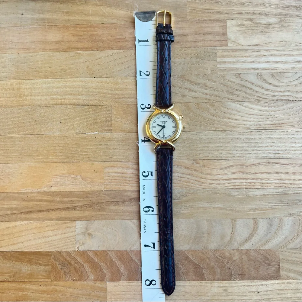 Edison glow ladies gold tone brown leather dress watch